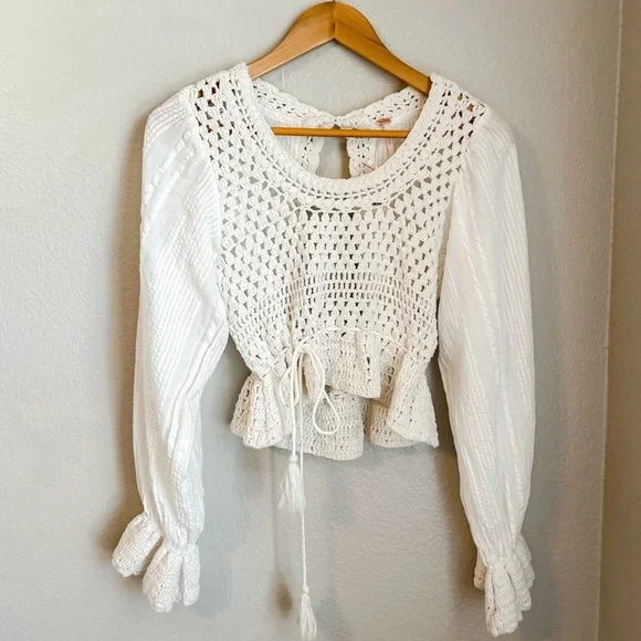 NWT, Free People Megan Ivory Crochet Long Sleeve Bohemian Crop Top, Size X-Small - Picture 2 of 13
